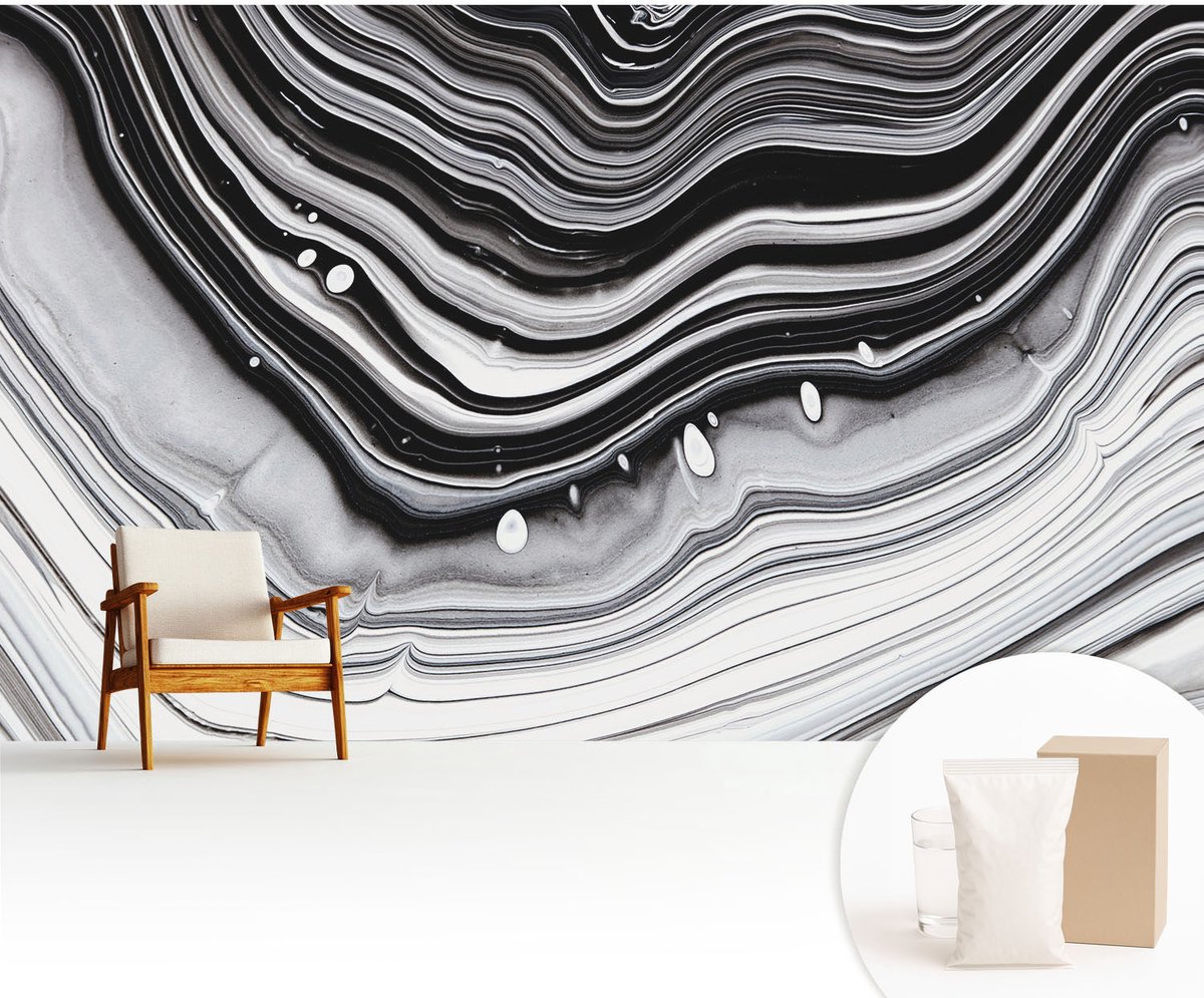 Wallfluent Fotobehang - Zwart-Wit Vliesbehang - 416x254 cm - Optische Golven Muurschildering - Slaapkamer behang Achtergronden En Patronen - Fotobehang Vlies - Slaapkamer behang
