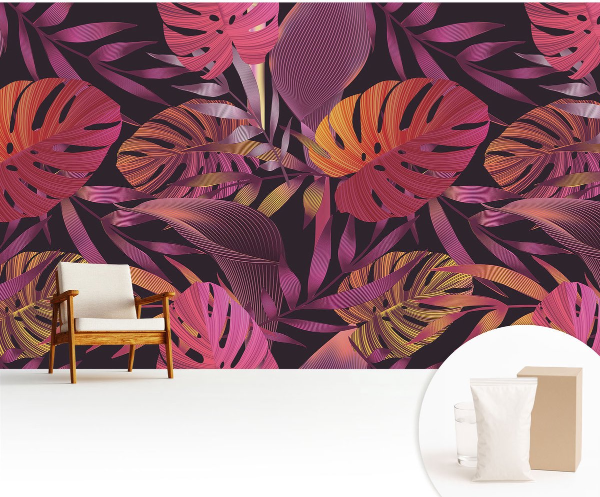Wallfluent Fotobehang - Zwart Vliesbehang - 416x254 cm - Exotische Bladeren Fotobehang Vlies - Hal behang Bloemen En Planten - Muurschildering - Woonkamer behang