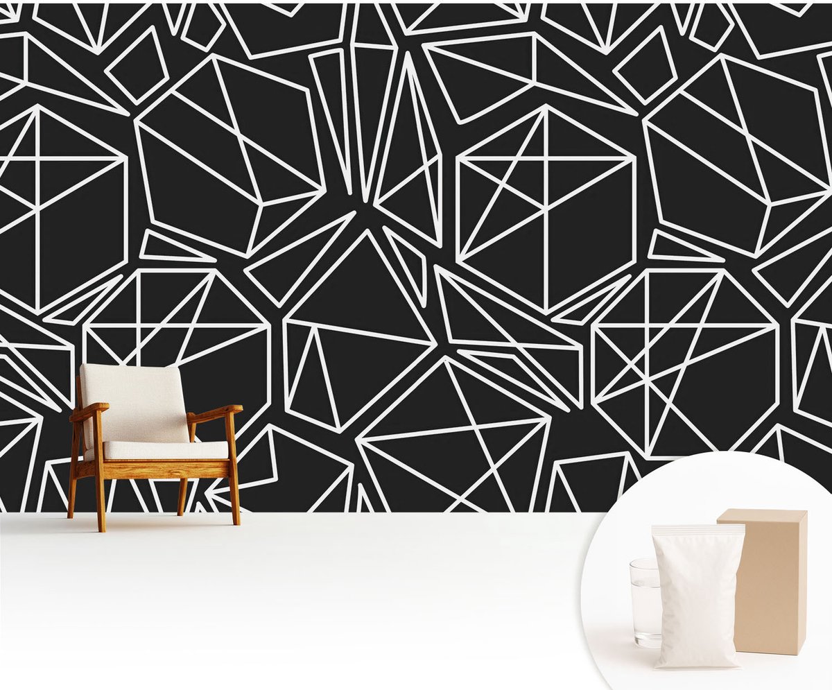 Wallfluent Fotobehang - Zwart Vliesbehang - 416x254 cm - Moderne Abstractie Fotobehang Vlies - Woonkamer behang Geometrie - Muurschildering - Hal behang