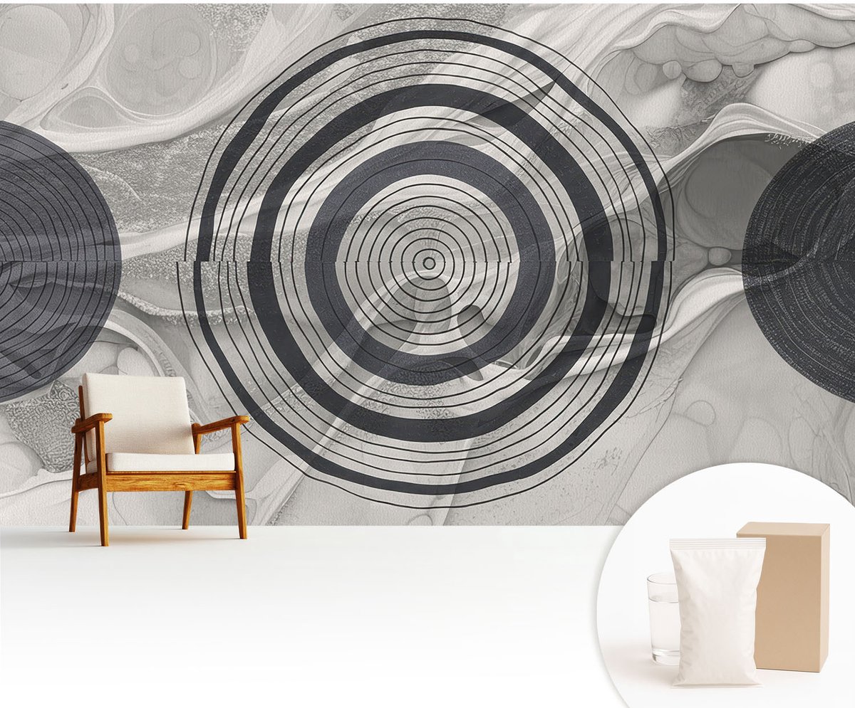 Wallfluent Fotobehang - Zwart-Wit Vliesbehang - 416x254 cm - Grijze Cirkels Fotobehang Vlies - Woonkamer behang Abstractie - Muurschildering - Hal behang