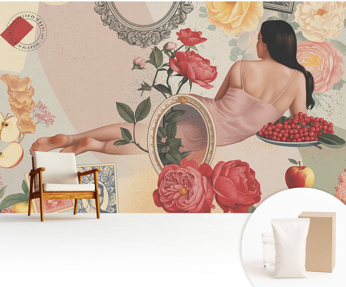Wallfluent Fotobehang - Beige Vliesbehang - 416x254 cm - Bloemige Elegantie Fotobehang Vlies - Woonkamer behang Deel - Muurschildering - Hal behang