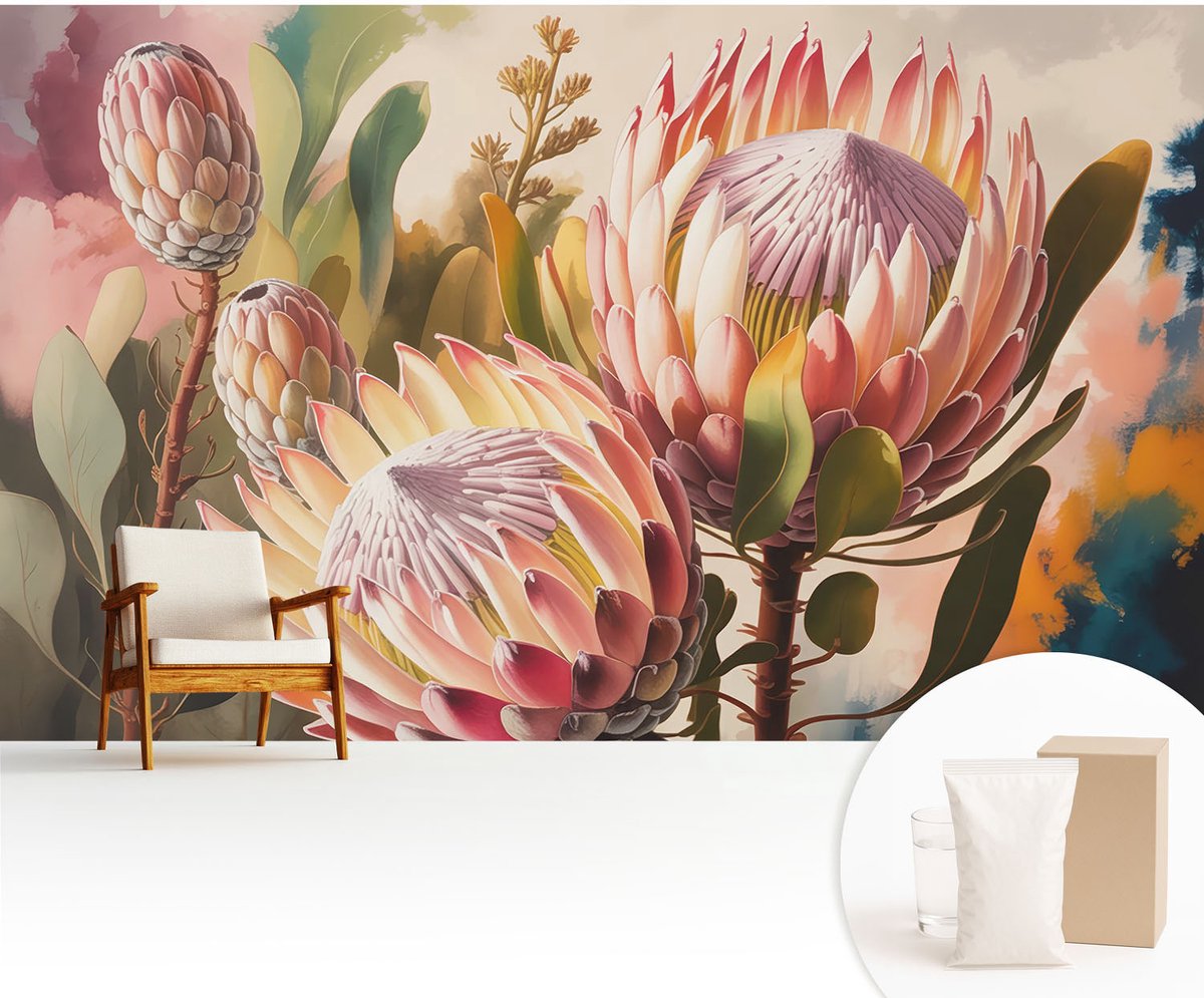 Wallfluent Fotobehang - Roze Vliesbehang - 416x254 cm - Protea-Bloemen Muurschildering - Slaapkamer behang Bloemen En Planten - Fotobehang Vlies - Slaapkamer behang