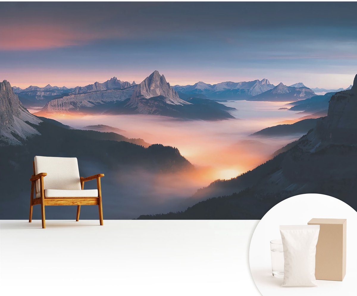 Wallfluent Fotobehang - Blauw Vliesbehang - 416x254 cm - De Opkomende Zon Muurschildering - Slaapkamer behang Landschappen - Fotobehang Vlies - Gang behang