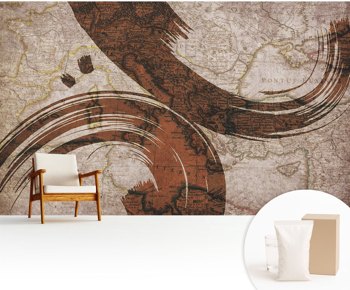 Wallfluent Fotobehang - Beige Vliesbehang - 416x254 cm - Artistieke Kaart Muurschildering - Gang behang Abstractie - Fotobehang Vlies - Slaapkamer behang