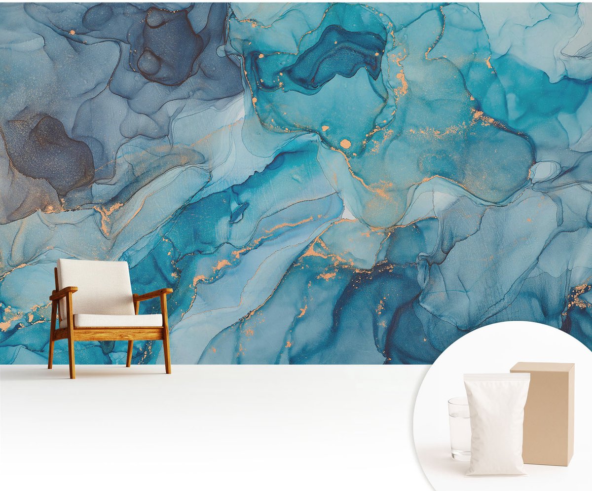 Wallfluent Fotobehang - Blauw Vliesbehang - 416x254 cm - Blauwe Abstractie Fotobehang Vlies - Hal behang Abstractie - Muurschildering - Hal behang