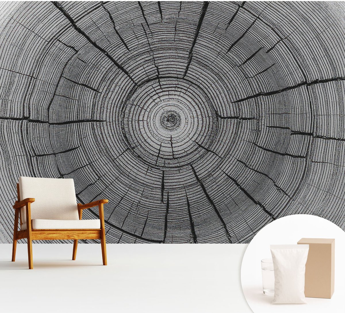 Wallfluent Fotobehang - Zwart-Wit Vliesbehang - 312x219 cm - Bosharmonie Fotobehang Vlies - Woonkamer behang Texturen - Muurschildering - Woonkamer behang
