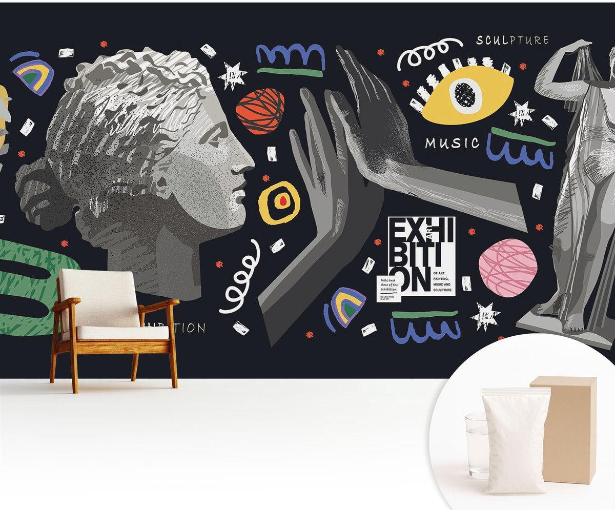 Wallfluent Fotobehang - Zwart Vliesbehang - 416x254 cm - Een Kleurrijke Tentoonstelling Muurschildering - Slaapkamer behang Deel - Fotobehang Vlies - Slaapkamer behang