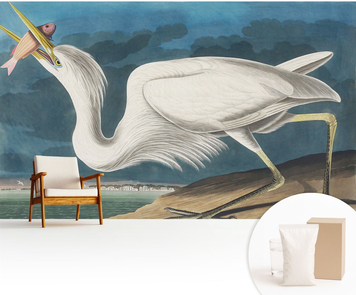 Wallfluent Fotobehang - Wit Vliesbehang - 416x254 cm - Vogel Met Vis Muurschildering - Slaapkamer behang Dieren - Fotobehang Vlies - Slaapkamer behang