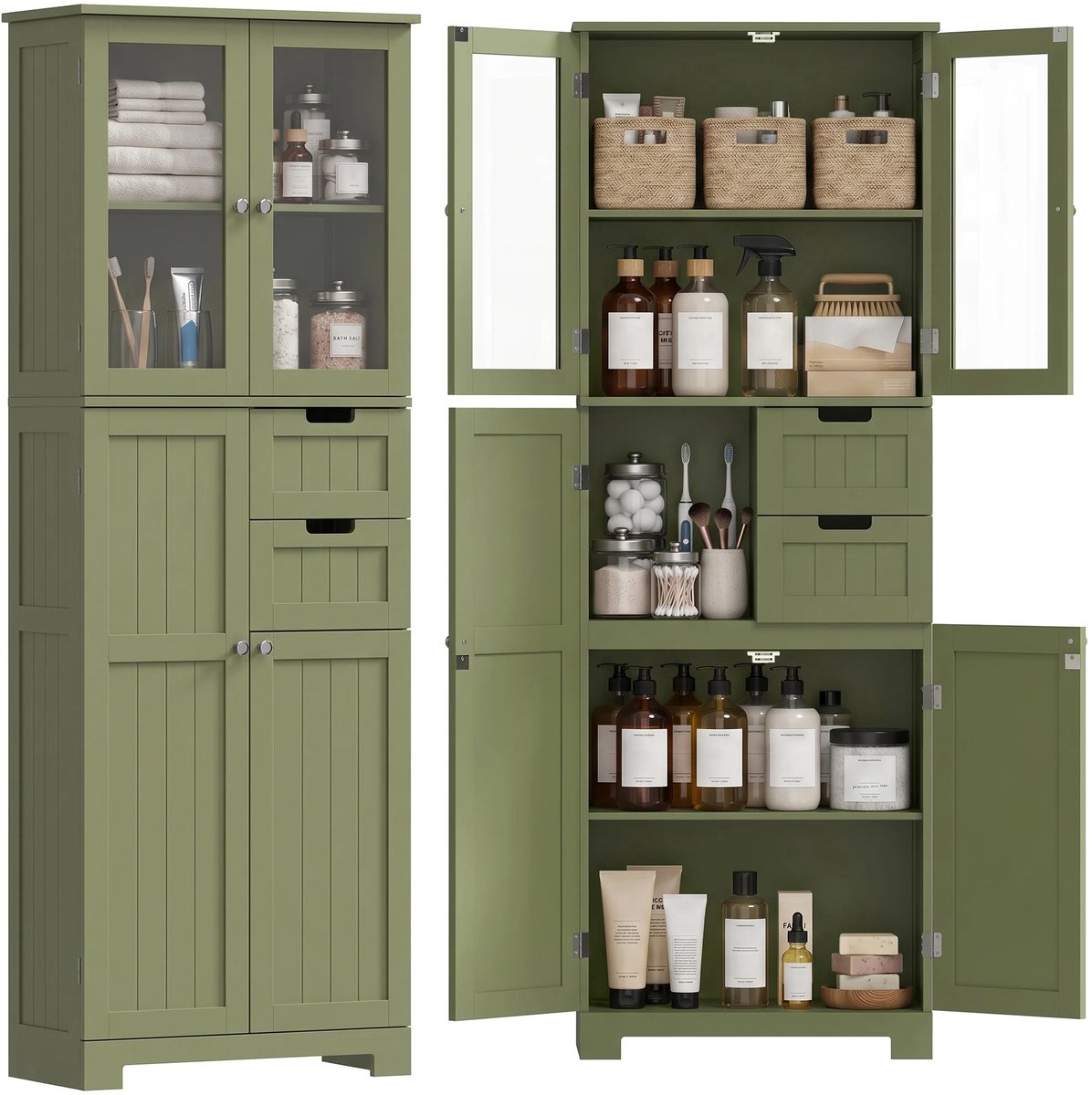 Gudalio Kast - Opbergkast - Wandkast - Kledingkast - Buffetkast - Glazen deuren - Verstelbare Planken - 60 x 30 x 170 cm - Groen