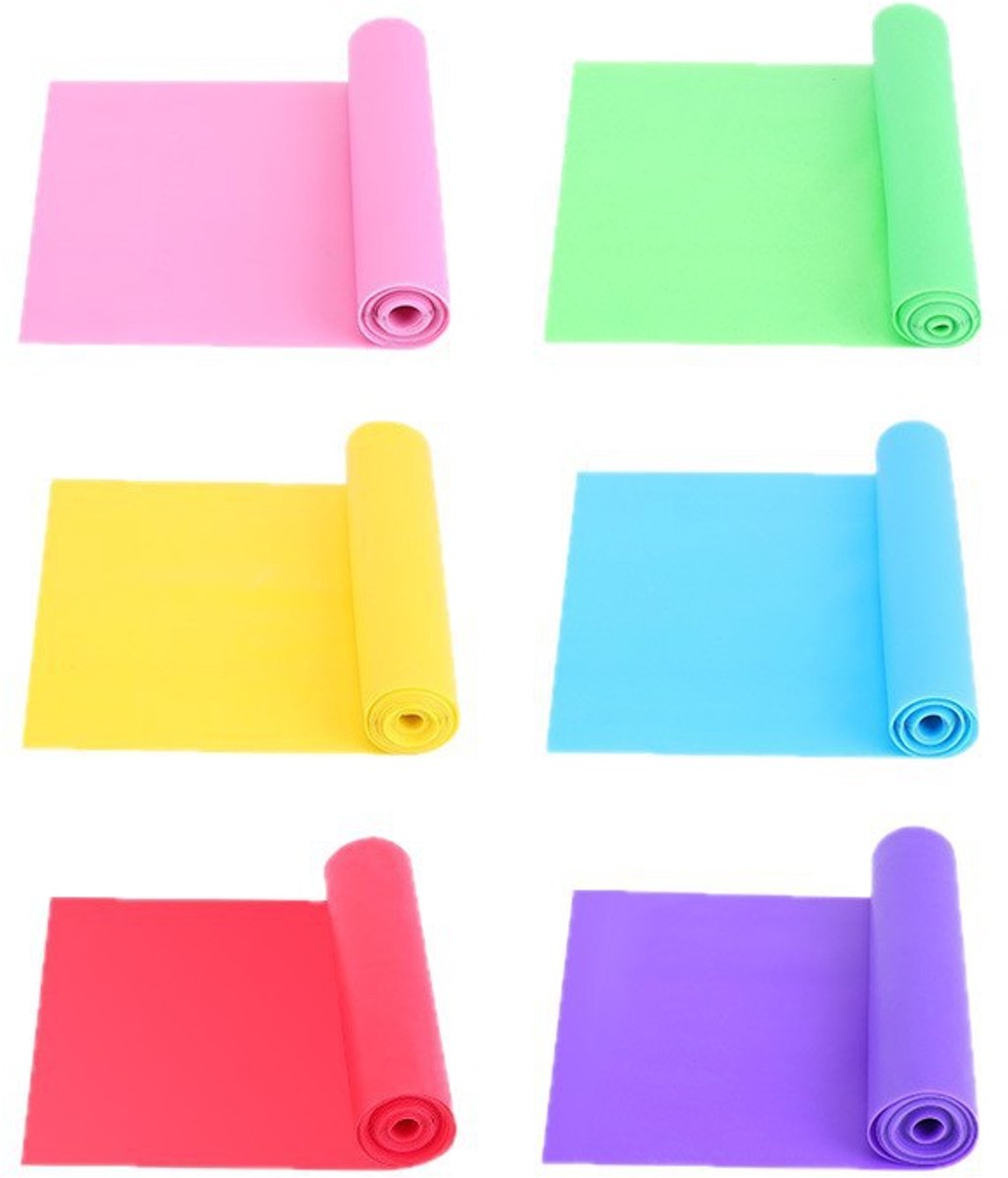 Weerstandsbanden - geschikt voor fitness, workouts, Pilates en yoga - 6 weerstandsbanden - 6 kleuren - 150 cm lang, 15 cm breed.