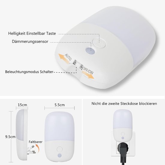 Nachtlampje Stopcontact Kinder - Dämmerungssensor Nachtlicht - 1 Stuks - Dimbaar 3 Modi - Voor Slaapkamer en Gang - Warmwit 2700K — afbeelding 5