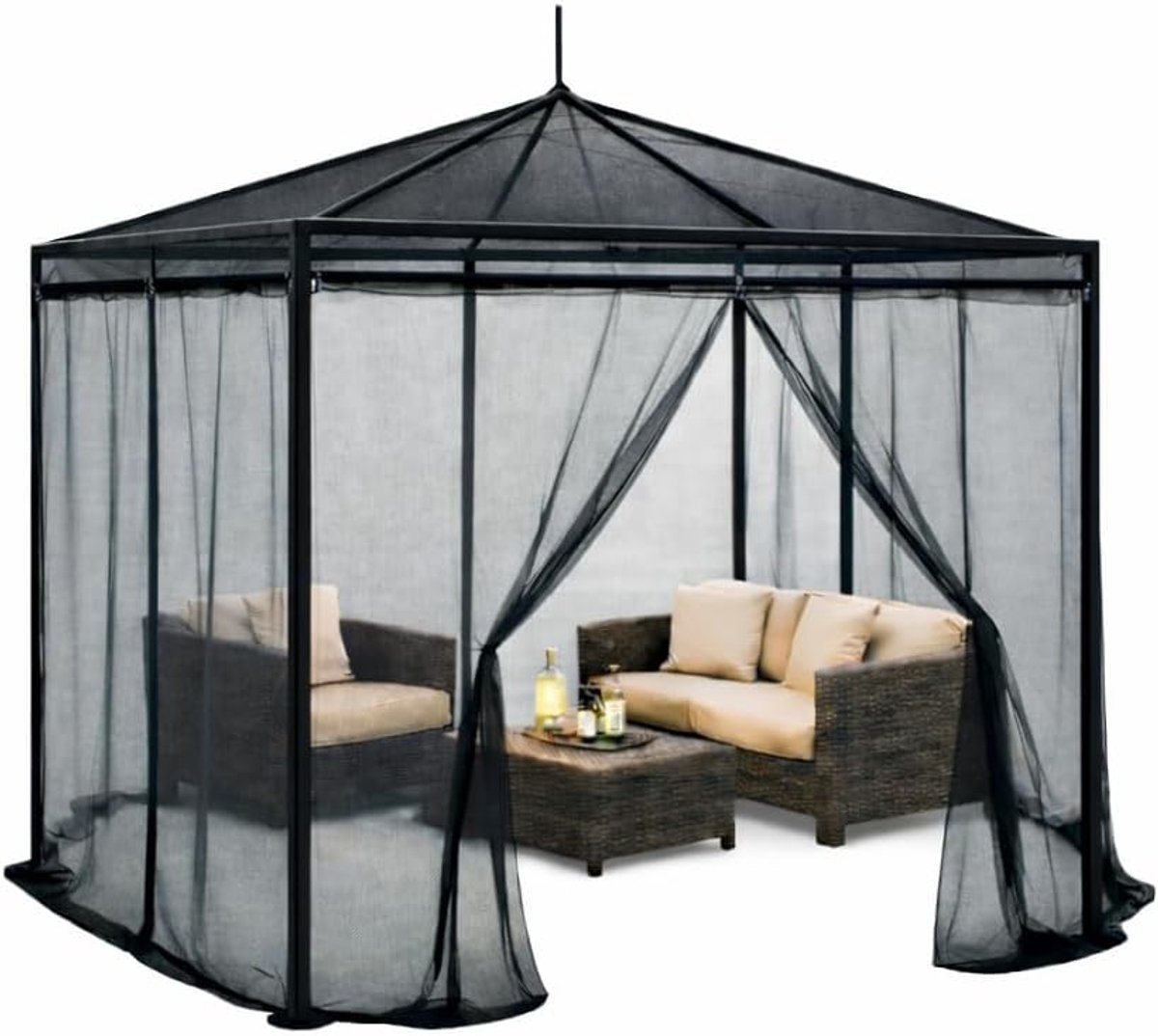 SnelShoppen - Mosquito net 300x300 cm zwart voor gazebo, patio, balkon - Insectenbescherming voor tuin, camping en buiten lounges in handige reistas