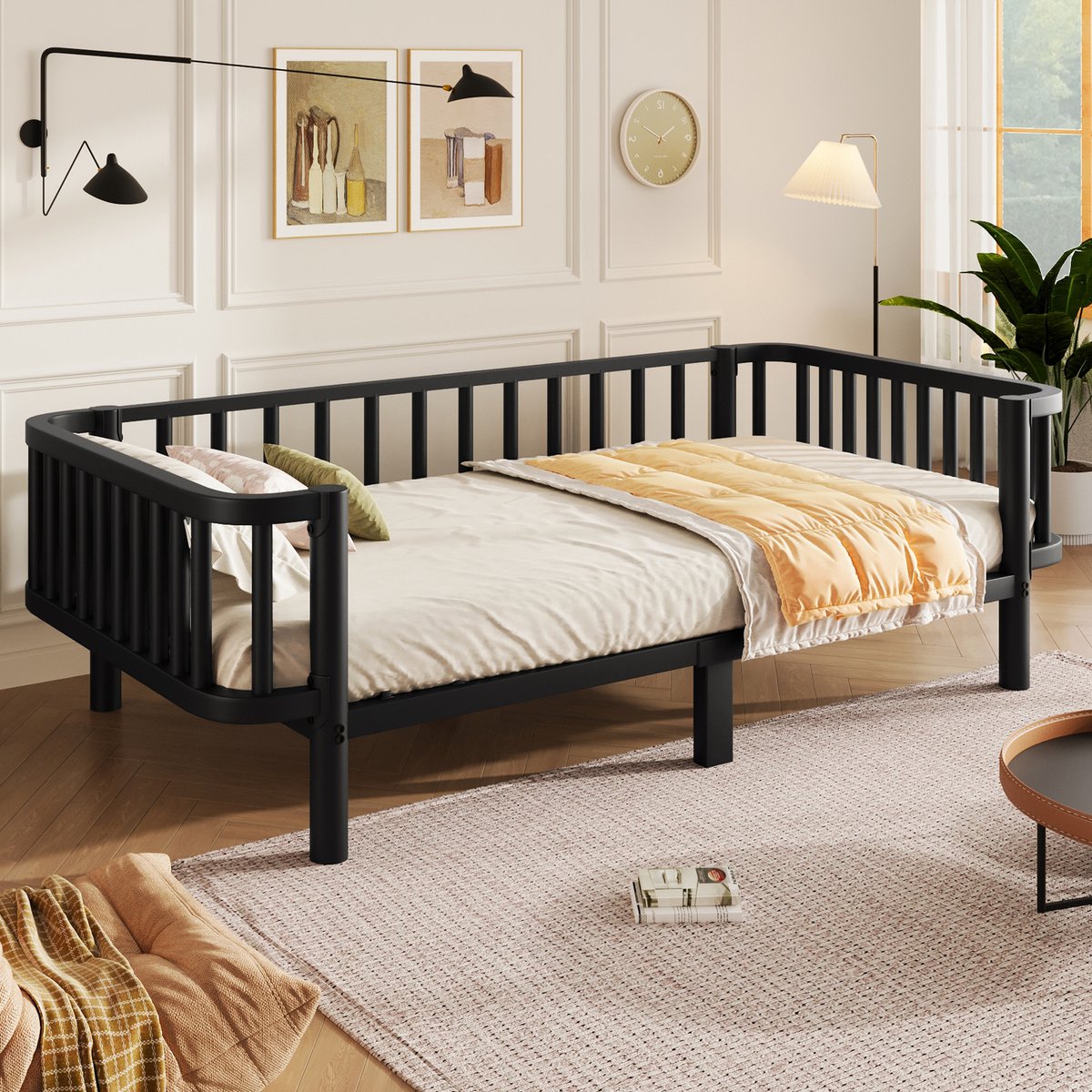 MODENUIT Metalen Slaapbank – 90 x 200 cm – Stalen Lattenbodem – Metaal – Zwart – Bed en Bank – 120 kg – Vlekbestendig