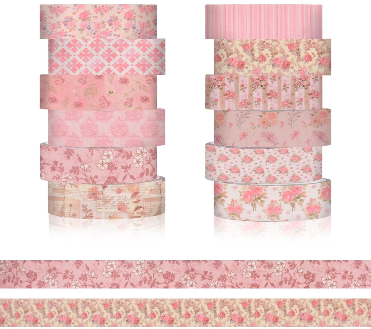 Aquarel tape 12 rollen - vintage roze bloemen - verwijderbare papier tape - perfect voor scrapbooken - ShopVlot