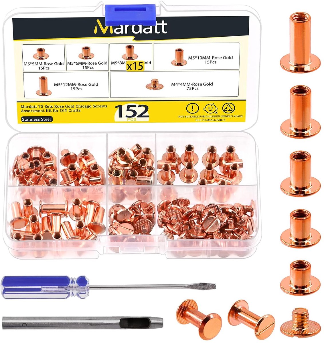 Chicago schroeven set 152 stuks - 5 maten - carbon staal - ideaal voor leerbewerking - ShopVlot