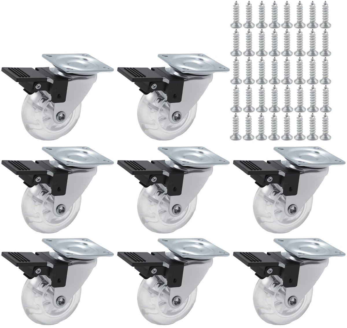 Set of 8 Furniture Wheels 50mm with Brake, PU Wheels with Steel Ball Bearings for Heavy Furniture, Quiet and - ShopVlot