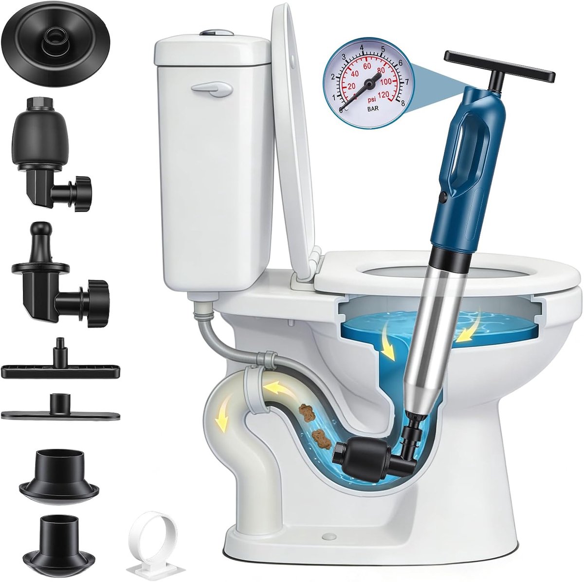 Professionele buisreiniger met visuele barometer, 4 verwisselbare sproeiers voor drukbuis, afvoerreiniger voor - ShopVlot
