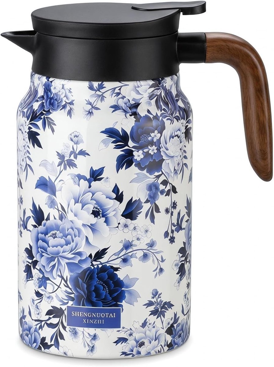 Thermoskan - Blauw - 1,5 l - Roestvrij Staal met Houten Handvat - Voor Thee, Koffie en Water