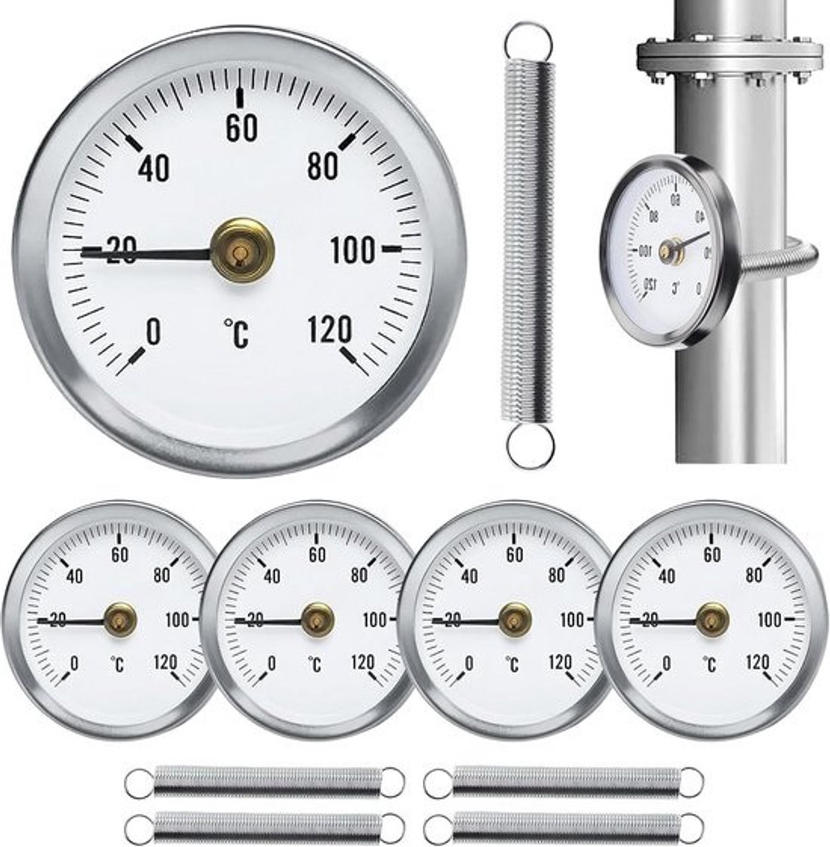 5 Stuks Aanlegthermometer voor Verwarmingsbuis - Temperatuurweergave met Clip-On Veer - Tot 120 °C