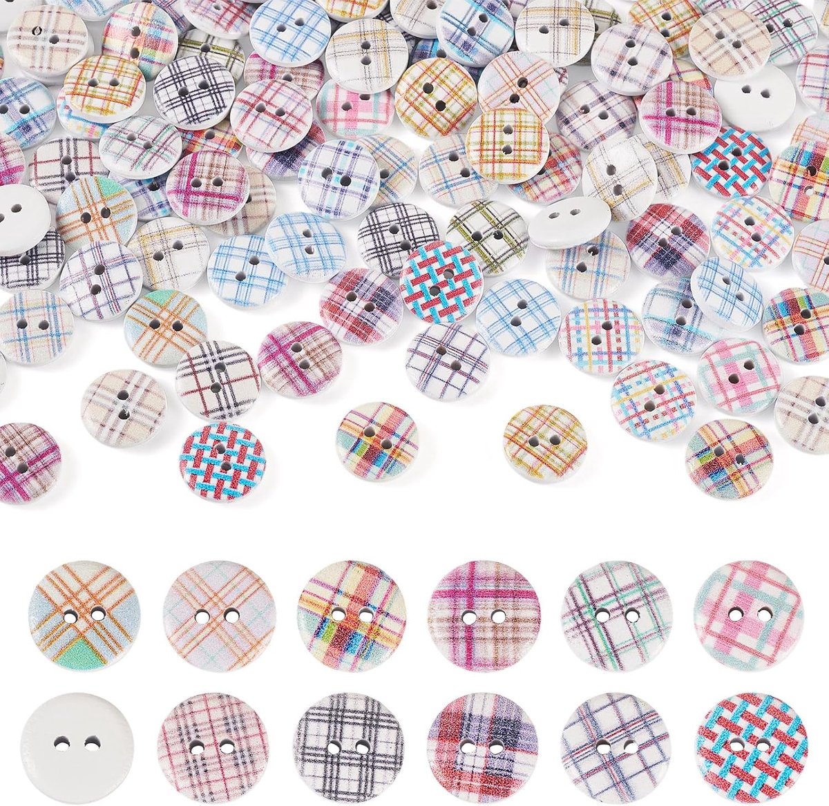 200Pcs Platte Ronde Plaid Patronen Houten Knoppen 15 MM 2-Gat Geruite Gedrukt Houten Knop Naaien Knoppen Ambachtelijke Benodigdheden Breien Kunst