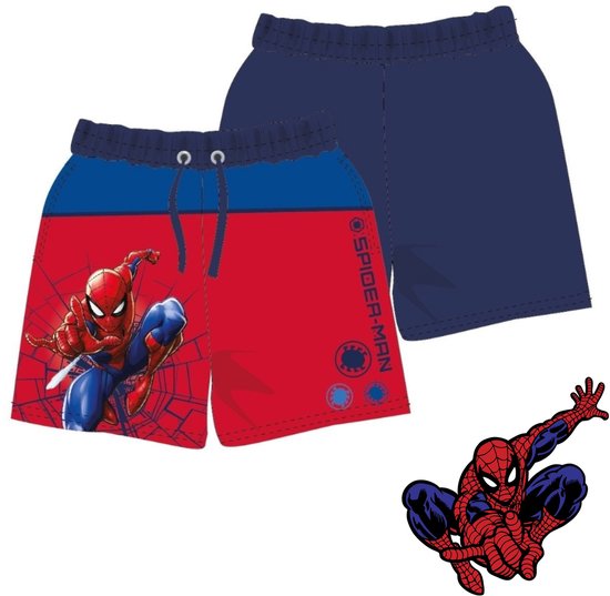 Zwembroek met Spiderman op een rode voorkant met blauwe tailleband. "SPIDER-MAN" op de zijkant.