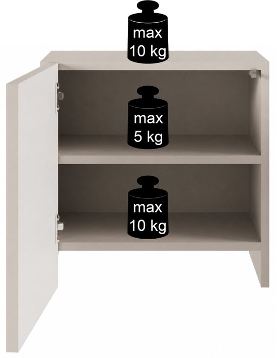 Kastje met open deur, grijs. Maximaal 10 kg bovenop, 5 kg op de bovenste plank en 10 kg op de onderste plank.