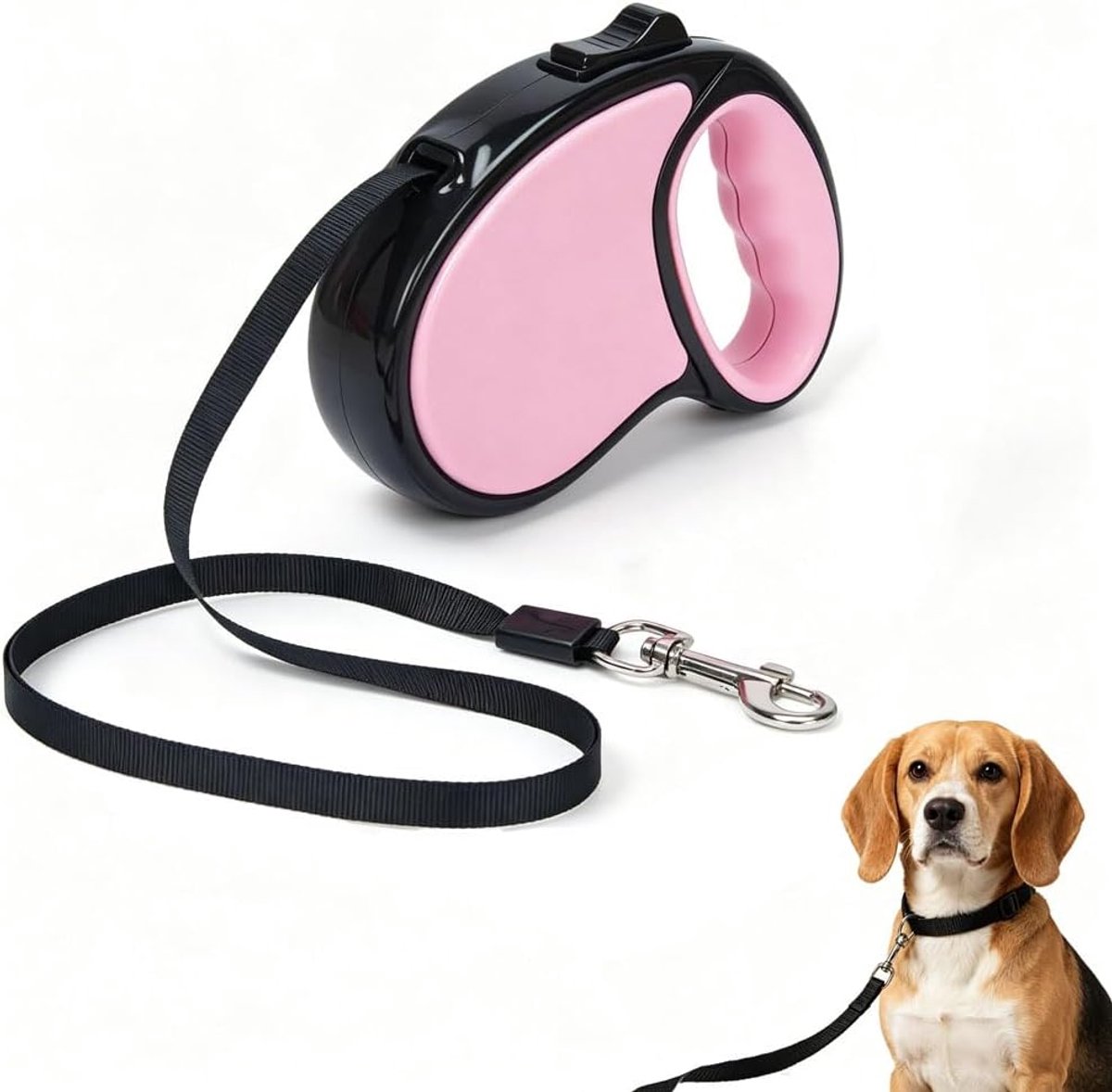 SnelShoppen - Retractable Dog Lead 16 ft, Hondenlijn met Antislip Handvat, Sterke Nylon Tape, Geen Draadverwarring, Eénhandige Rem, Pauze en Lock voor