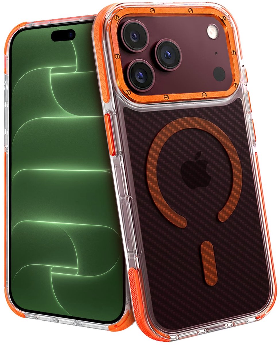 Hoesje Geschikt voor Apple iPhone 18 Pro - Magsafe Compatible - Carbon Look - Sterk & Shockproof - Back Cover - Shock Proof Case - Telefoon Hoes Shockproof - Oranje