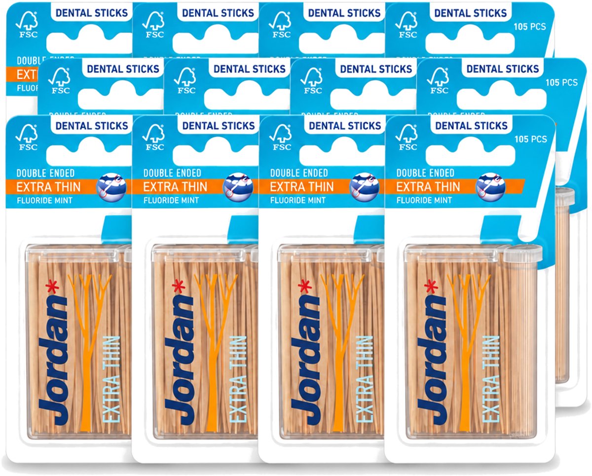 12 x Jordan - Dental Sticks - Extra dunne tandenstokers - 105 Stokers - Voordeelverpakking - 12 stuks