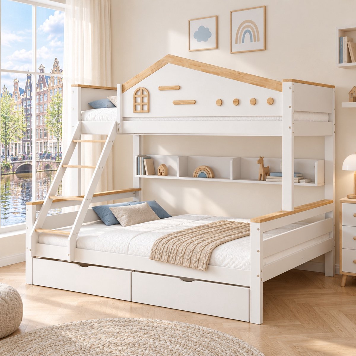 WUVRIE Stapelbed 90x200 en 140x200 cm met lades, open vakken, schuine ladder en hekjes, wit/naturel Wit en naturel