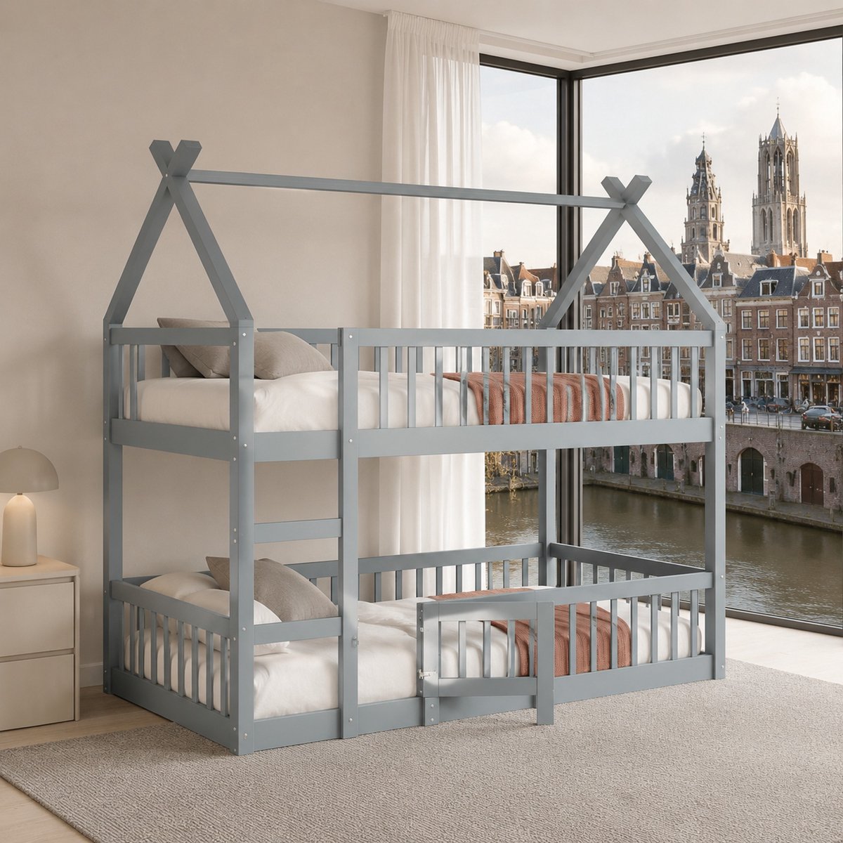WUVRIE Kinderstapelbed 90x200 cm met trap, veiligheidshekken en deur, grijs