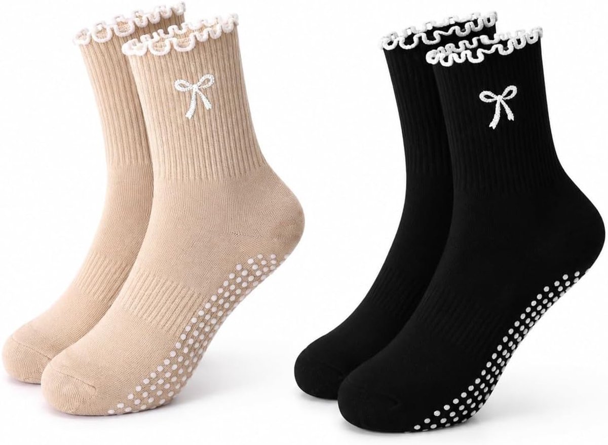 Sokken Dames EU 36-42, Anti-slip Zachte Reformer Pilates Yoga Sokken voor Dames, Enkelhoge Grip Sokken, Strikpatroon Ruches Crew Sokken voor Fitness, Balletbarre Dans