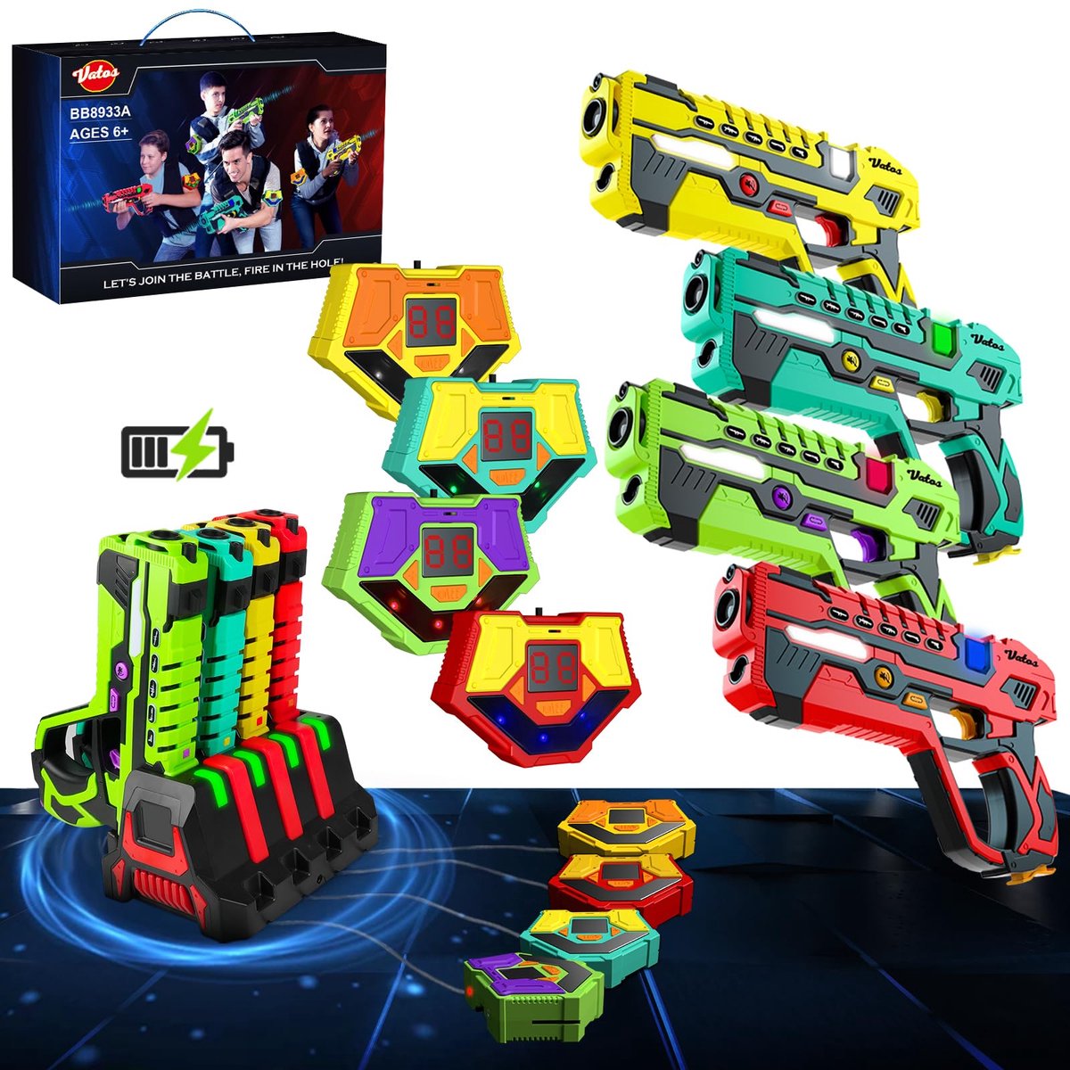 VATOS Oplaadbaar Laser Tag Spel – 4 Spelers – Laser Guns met Ontvangers – 2.4 GHz Data SYNC – Spleegoed Voor Kinderen 6-12+ Jaar