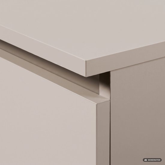 Gedetailleerde close-up van de rand van een beige ladekast en een open lade.
