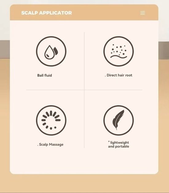 Iconen die de kenmerken van de scalp applicator tonen: vloeibare bal, directe haarwortel, scalp massage, lichtgewicht en draagbaar.