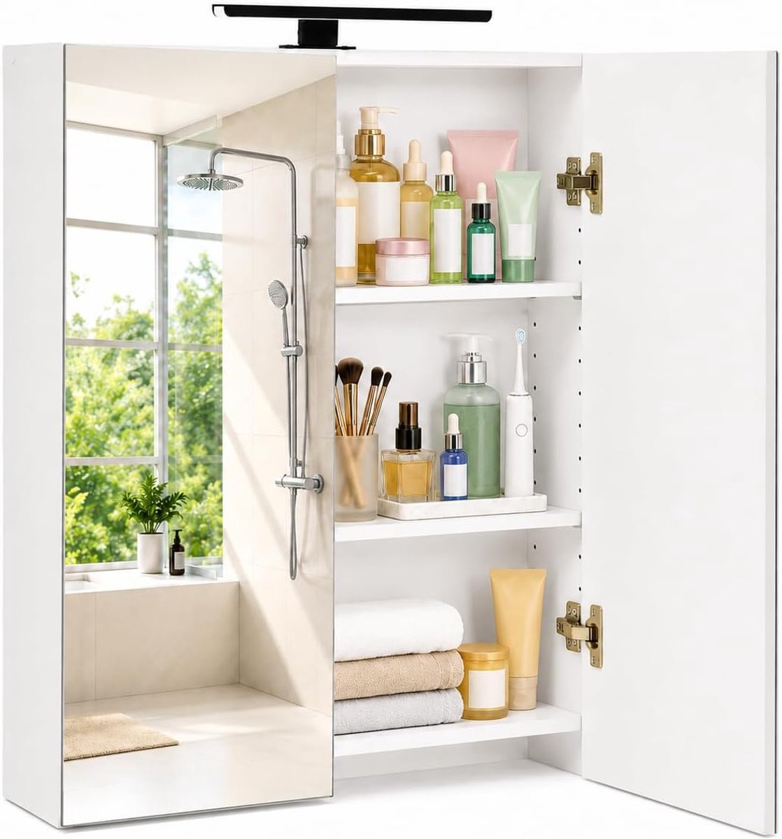 Spiegelkast badkamer met verlichting, badkamerkast, 60 cm breed, wandkast, MDF, 60 x 16,5 x 70 cm, met in hoogte verstelbare planken, voor badkamer, wastafel en toilet, wit
