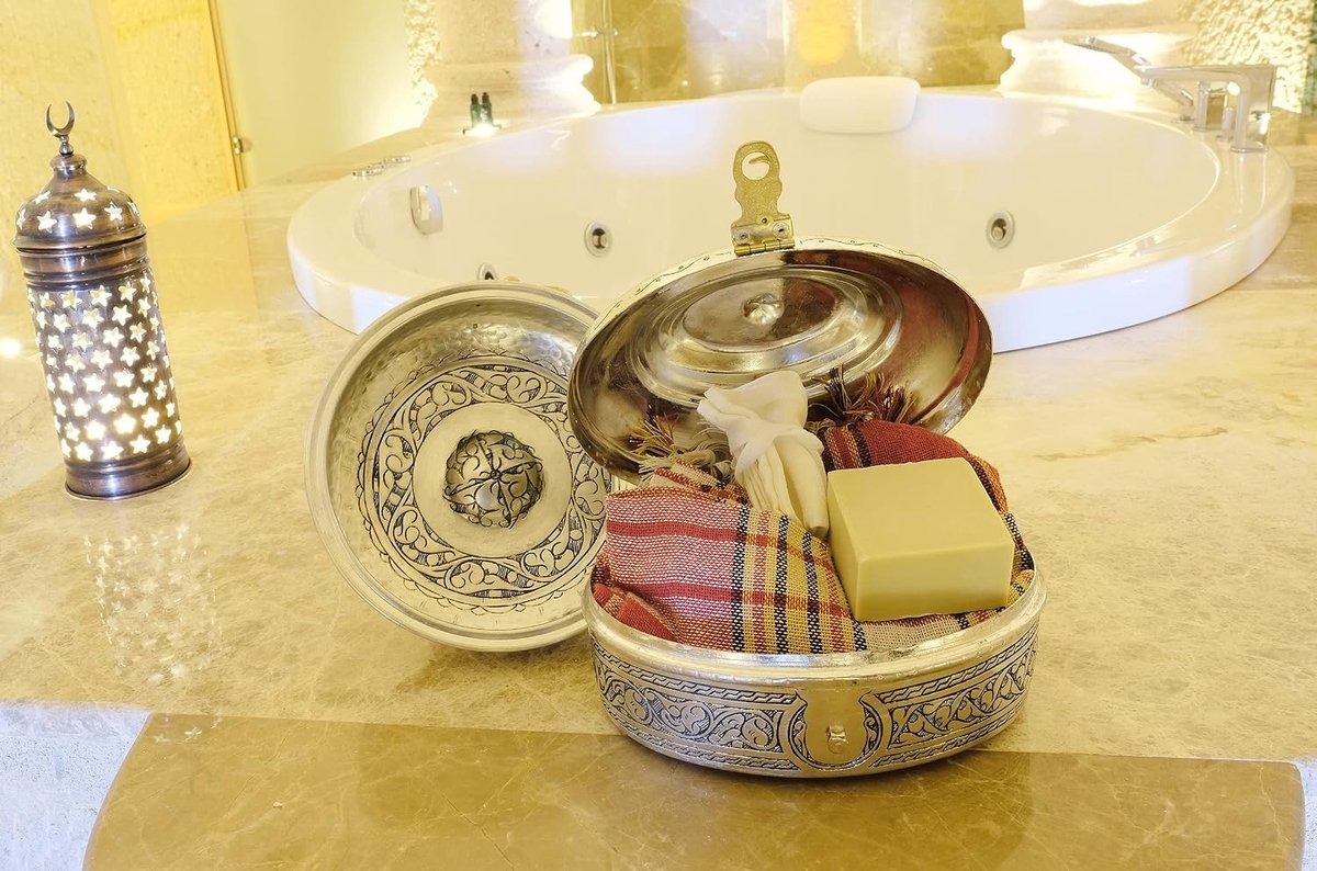 Badset, koperen hamamset, badset, traditionele Turkse badset, peshtemal, koperen badkom, Turkse badset, hamamset (zilver)