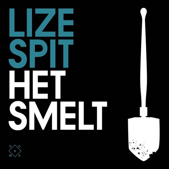 Boekomslag met tekst 'LIZE SPIT HET SMELT' in turquoise en wit, met een witte schep.