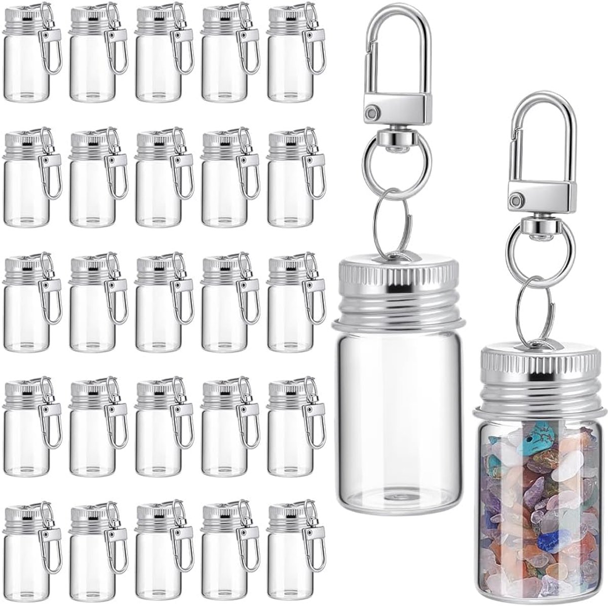 48 stuks 7 ml kleine glazen fles sleutelhanger, mini wenspot sleutelhanger kleine glazen potten containers mini decoratieve fles voor doe-het-zelf bruiloft gunsten home party decoratie