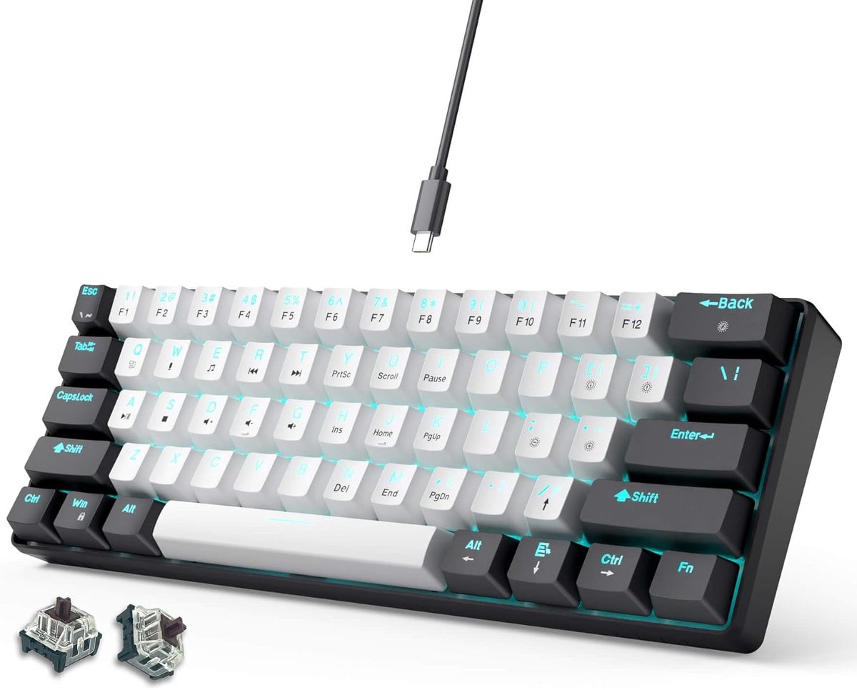 Abucow 60% Mechanisch Gaming-toetsenbord, bruin, schakelaar, bedraad, compact, anti-ghosting, geen conflict, 61 verwisselbare toetsdoppen, ergonomisch ontwerp voor Windows/Mac (zwart-wit)