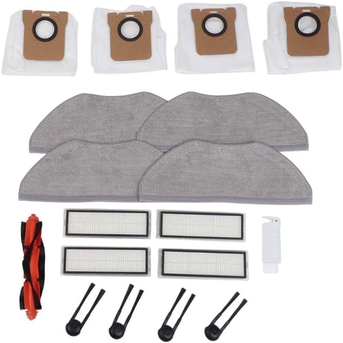 Onderdelen voor robotstofzuiger met hoofdrolborstel, 4 zijborstels, 4 HEPA-filters, 4 dweilpads, 4 stofzakken, reinigingsgereedschap