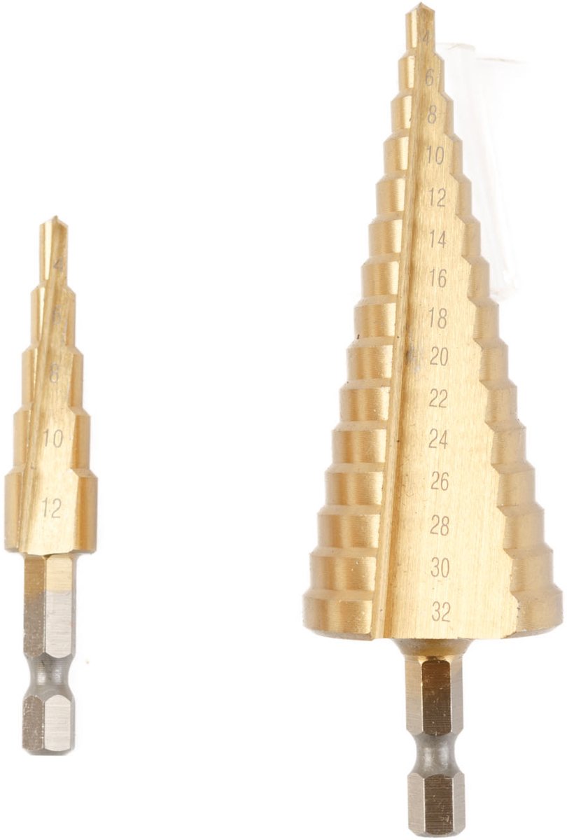 Trapboor Set - 2 Boorbits - HSS Snelstaal - 4–32 mm Bereik - 6,35 mm (1/4") Zeskantschacht - Voor Metaal, Aluminium, Koper, Kunststof - Inclusief Opbergdoos [11008]