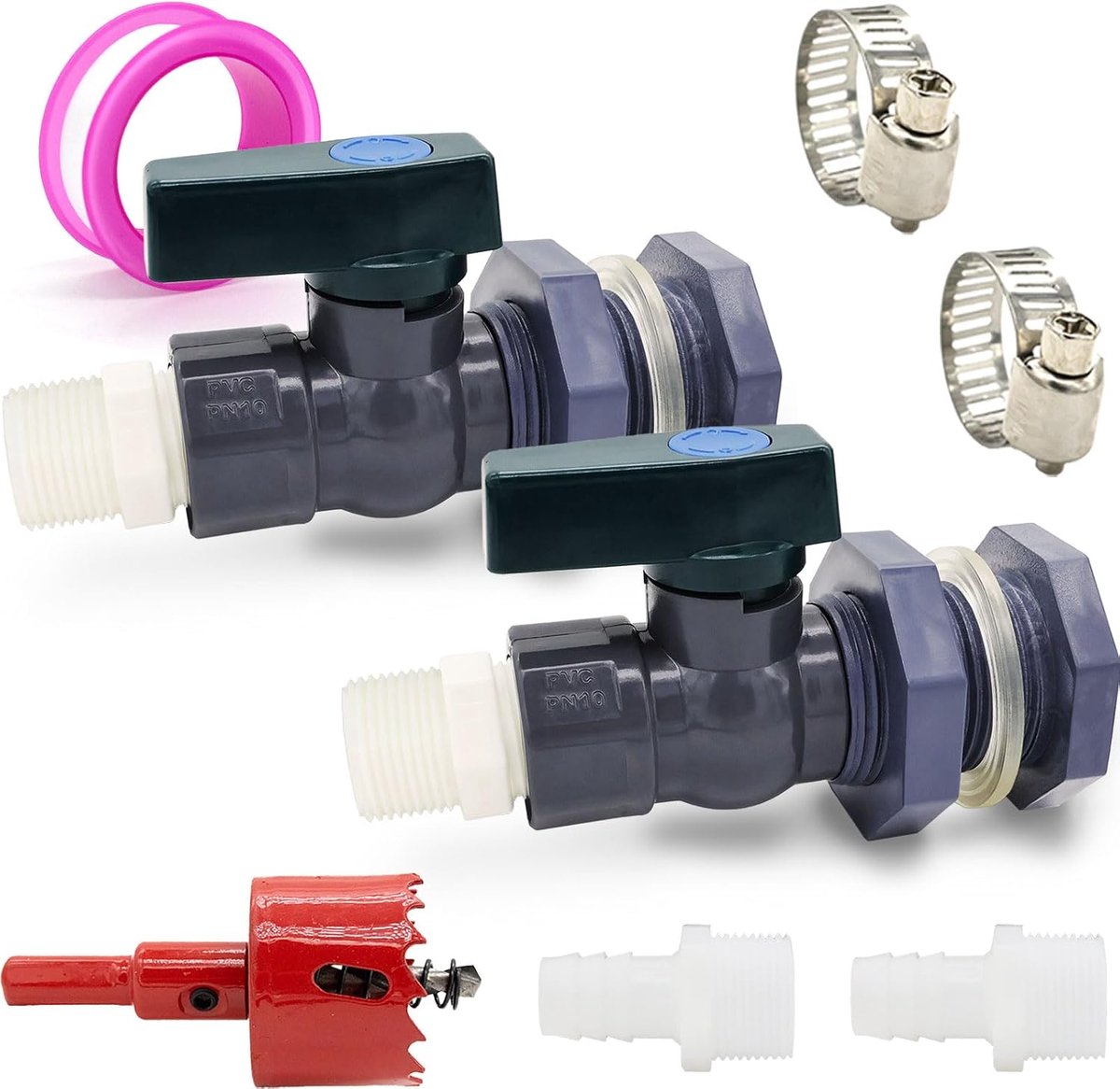 Set van 2 waterkranen voor regenwater, waterkraan voor regenbuis van pvc, met schotaansluiting, slangadapter (25 mm + 16 mm), gatenzaag, voor aquaria, zwembaden, tuinvaten