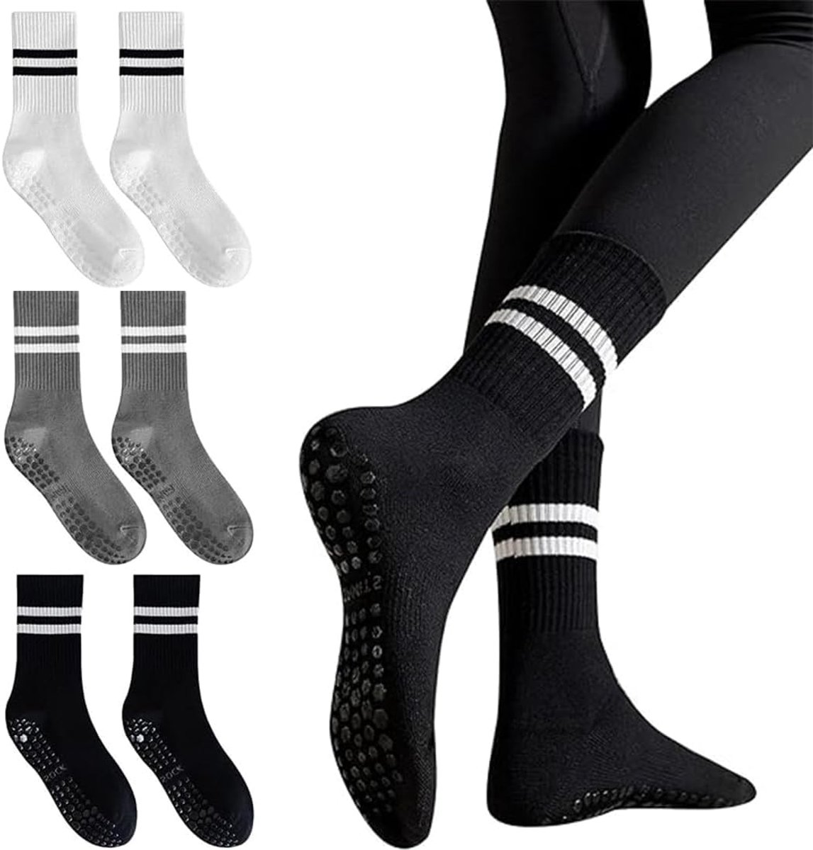 Socks voor dames, 3 paar antislip yogasokken voor dames, sportsokken voor yoga, pilates en dans, elastische reformer-pilates van katoen