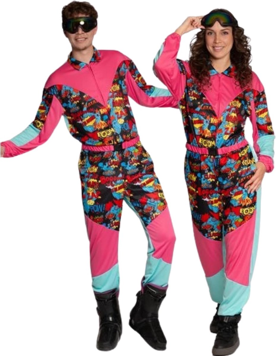 Skipak Carnaval Retro met Jaren 80 Print voor Dames en Heren, Apres Ski Party Outfit Unisex, Skipak met Elastische Riem en Skibril - Comic, Funky of Vintage - Maat M t/m 2XL