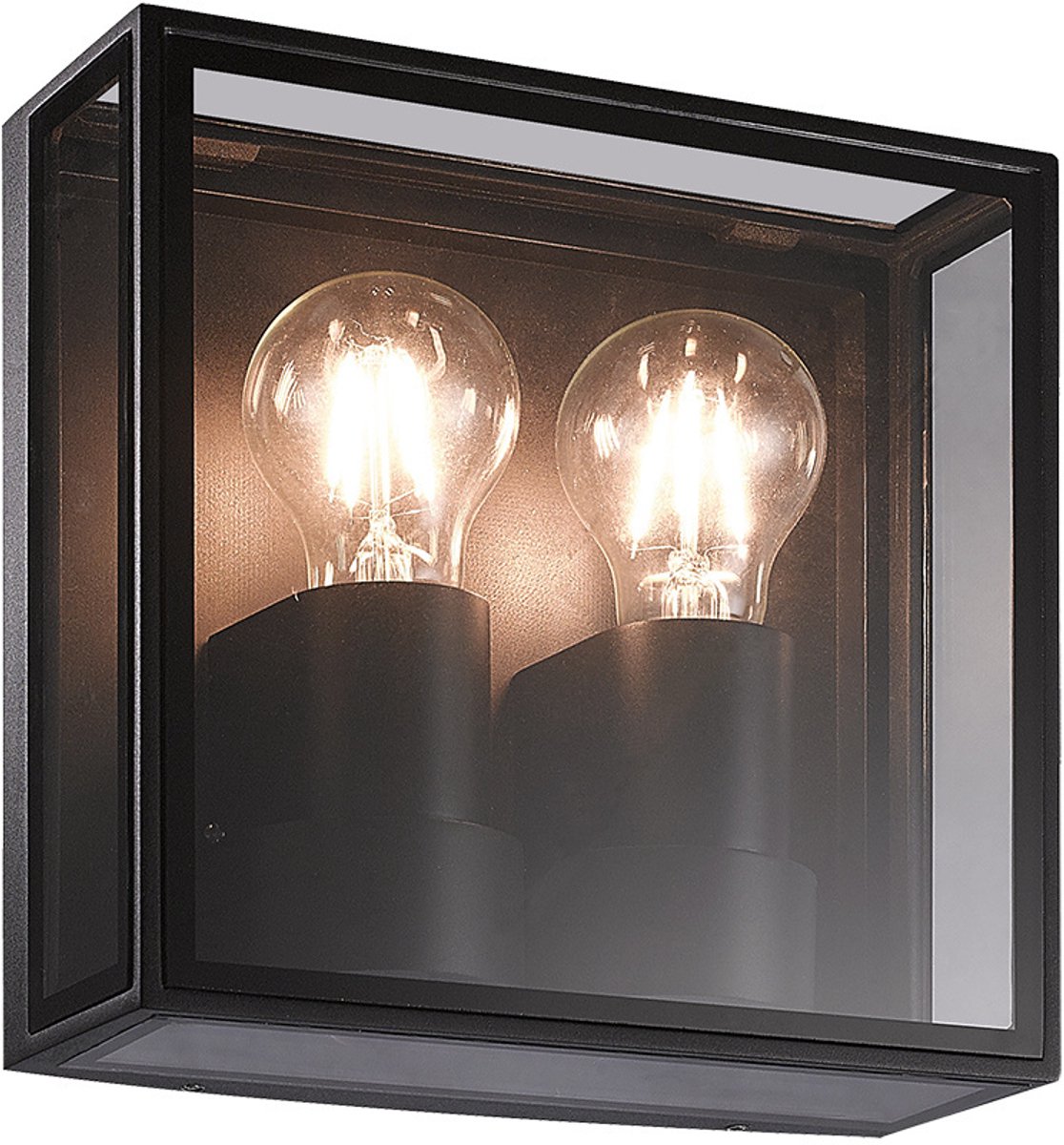 Kelso buitenwandlamp met 2x E27 fitting, mat zwart aluminium en glas, IP65, 220 x 220 x 82 mm, lichtbron niet inbegrepen