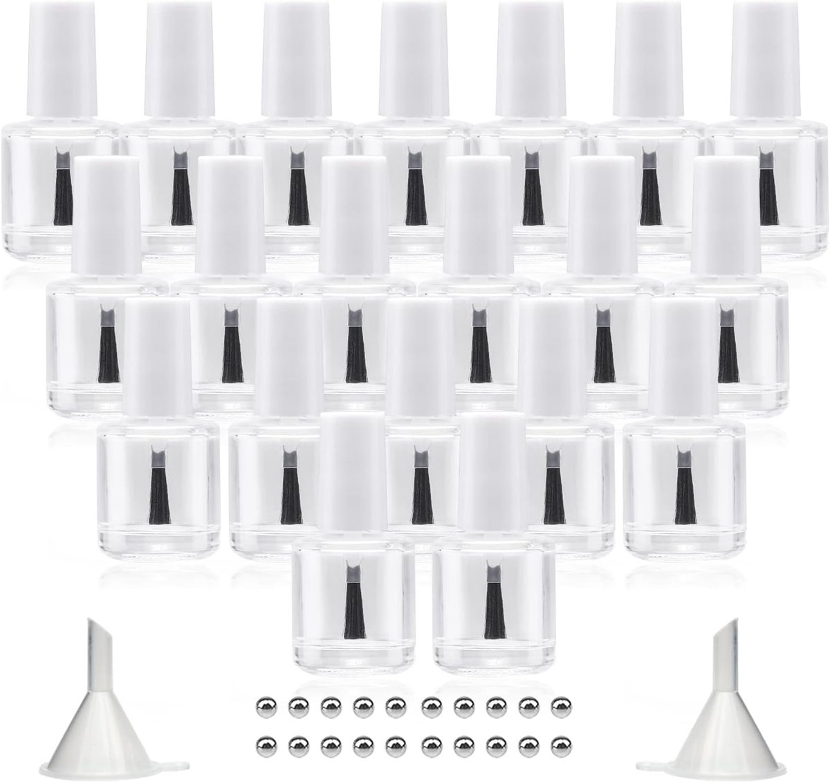 20 STKS Lege Nagellak Flessen met Borstel Witte Dop, 10ML Leeg Helder Glas Hervulbare Nail Vingernagellak Flessen Cirkel met het mengen van kralen & trechters, 0.3 oz
