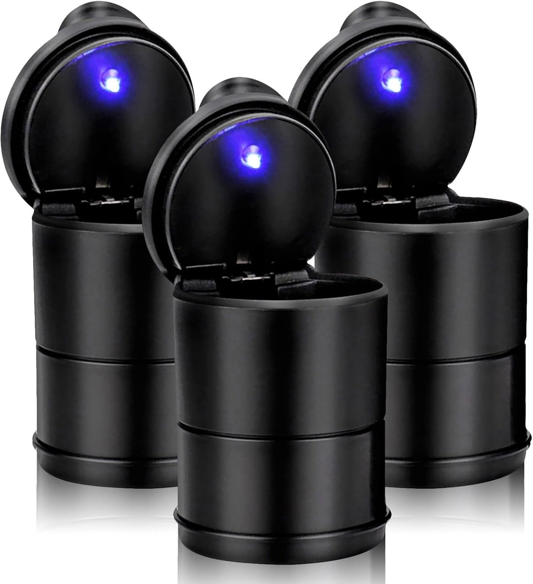 Draagbare asbak met deksel, geurbestendig, automatisch LED-licht, verzegeld, vlamvertragend, hoge temperatuurbestendig, afneembaar, grote capaciteit (3 stuks)