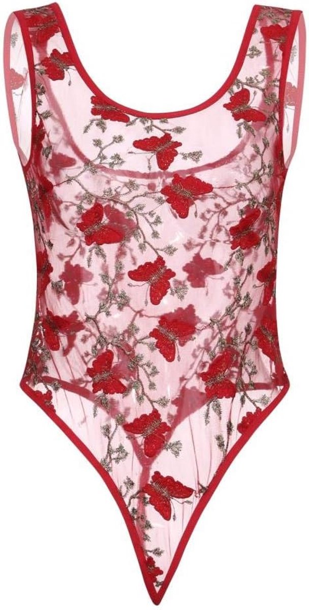 Sexy rode kanten ondergoed bodysuit ondergoed nachtkleding transparante vlinder borduurwerk jumpsuit