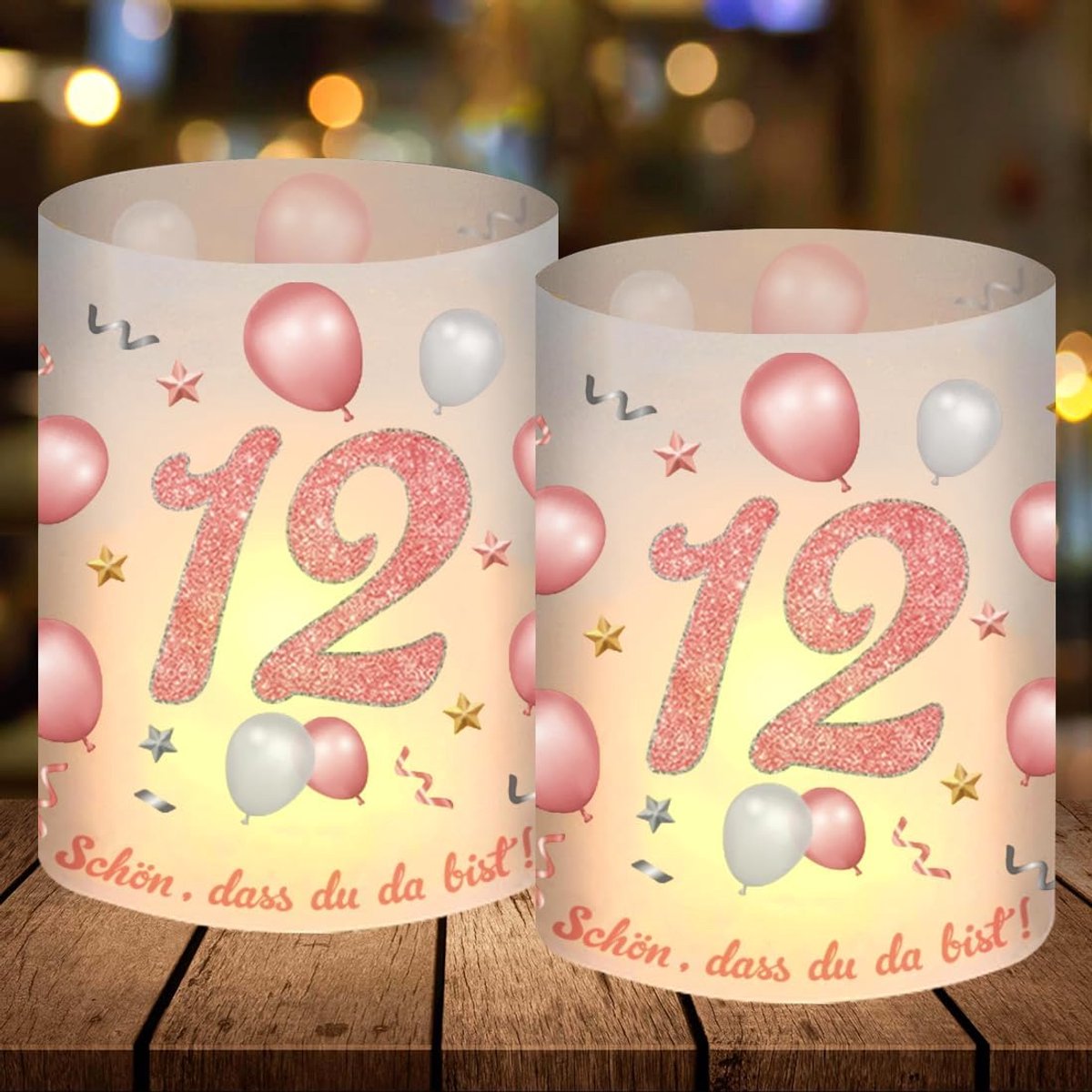 12 Windlicht tafeldecoratie verjaardag, feestdecoratie meisjes, roségouden decoratie, leuk dat je er bent, geschikt voor theelichtjes of kaarsen, gelukkige verjaardag